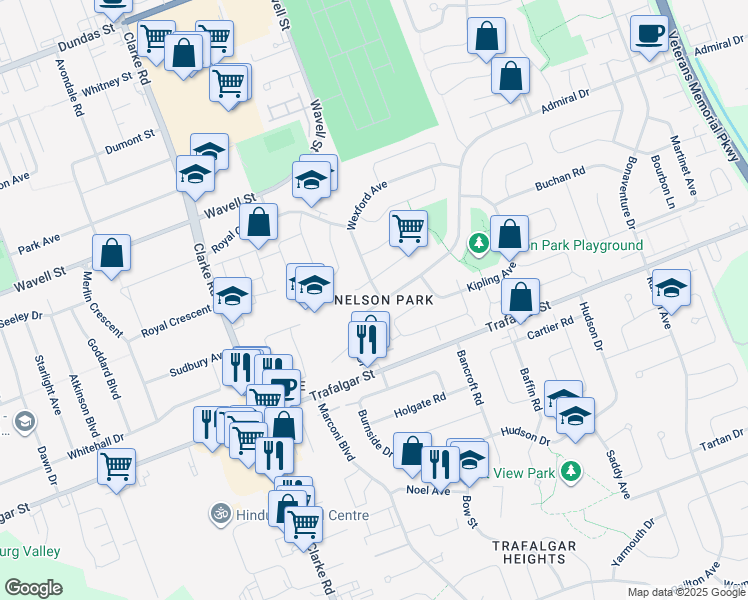 map of restaurants, bars, coffee shops, grocery stores, and more near 1 Wexford Avenue in London