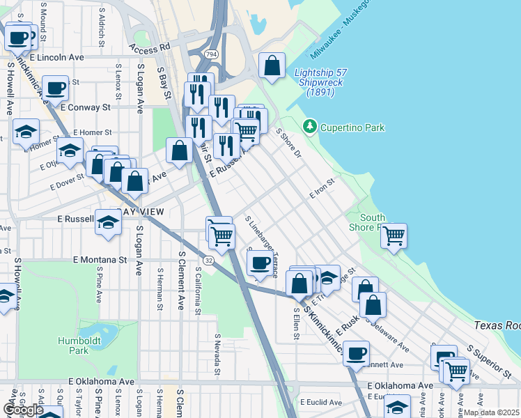 map of restaurants, bars, coffee shops, grocery stores, and more near 2615 South Delaware Avenue in Milwaukee