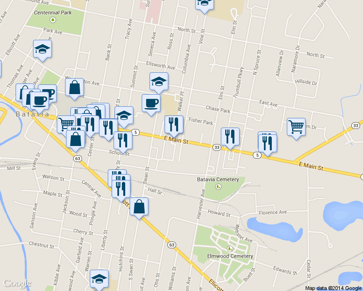 map of restaurants, bars, coffee shops, grocery stores, and more near 21 Masse Place in Batavia