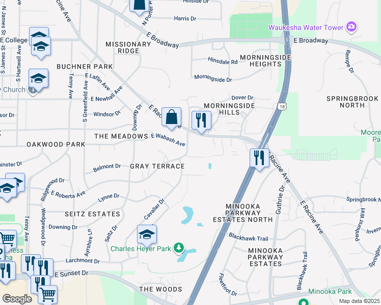map of restaurants, bars, coffee shops, grocery stores, and more near 1515 East Roberta Avenue in Waukesha
