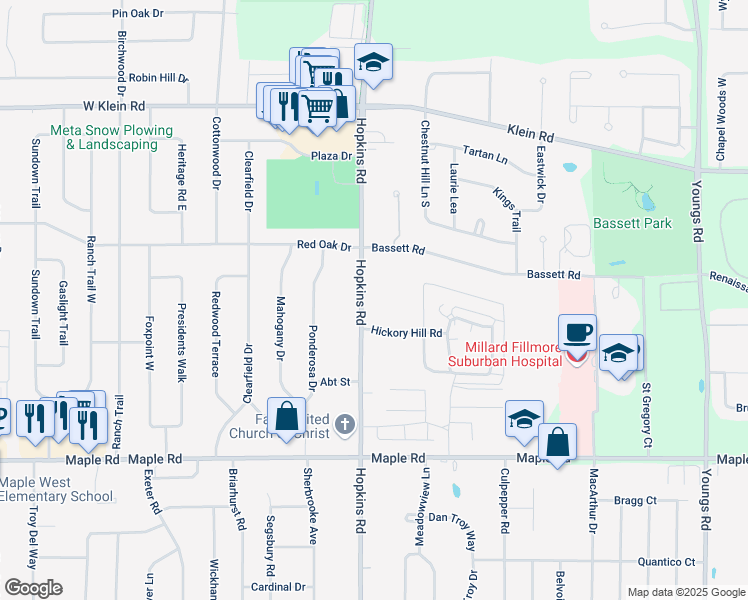 map of restaurants, bars, coffee shops, grocery stores, and more near 635 Hopkins Road in Buffalo