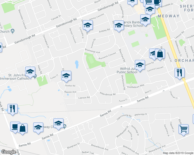 map of restaurants, bars, coffee shops, grocery stores, and more near 63 Springett Ct in London
