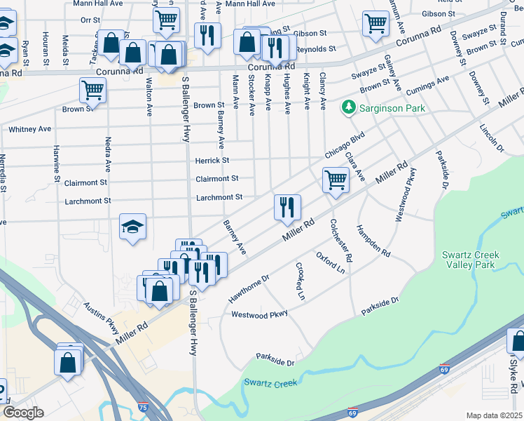 map of restaurants, bars, coffee shops, grocery stores, and more near 3202 Brandon Street in Flint