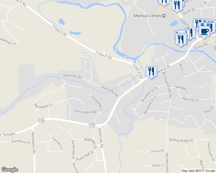 map of restaurants, bars, coffee shops, grocery stores, and more near 4622 Glencliffe Road in Manlius