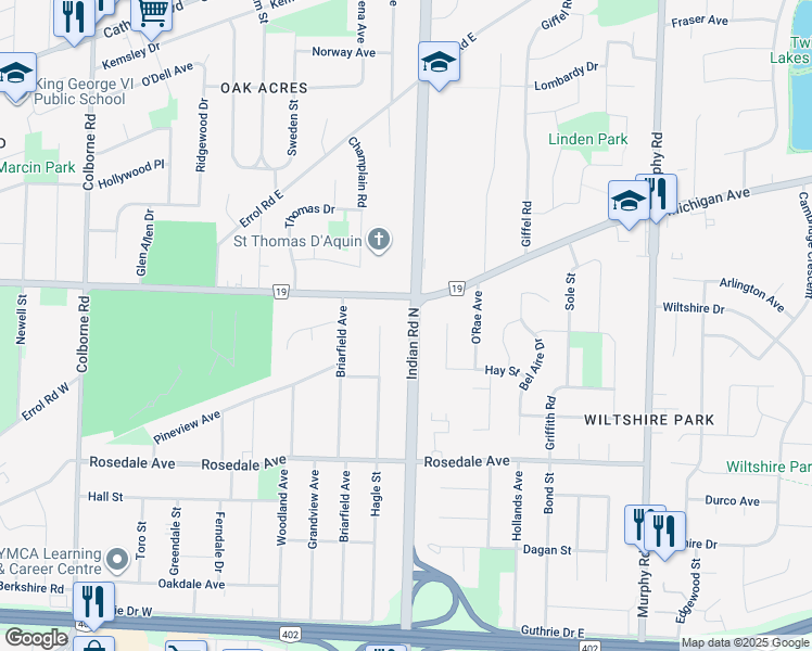map of restaurants, bars, coffee shops, grocery stores, and more near 1125 Indian Road North in Sarnia
