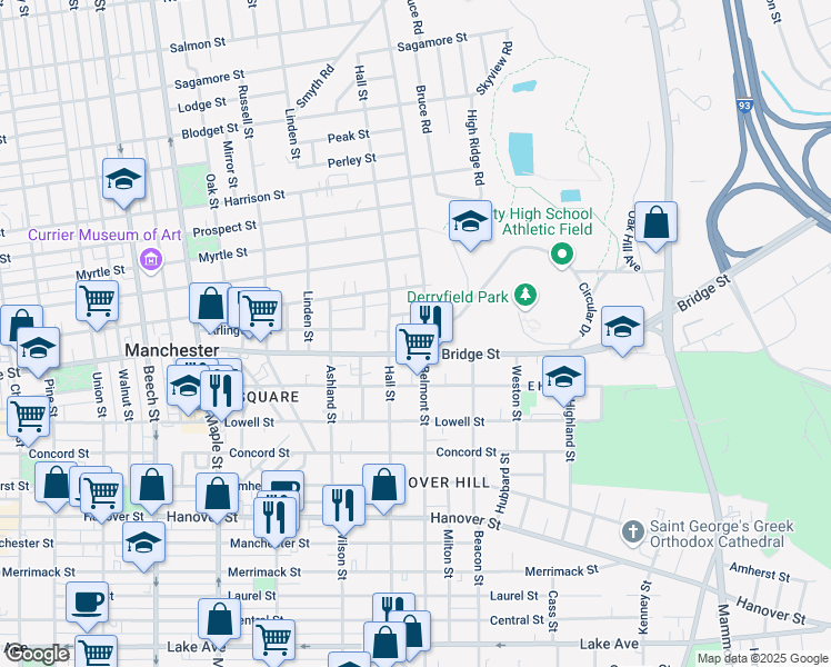 map of restaurants, bars, coffee shops, grocery stores, and more near 677 Belmont Street in Manchester