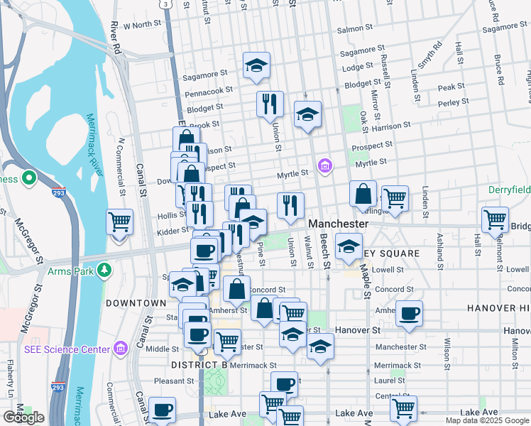 map of restaurants, bars, coffee shops, grocery stores, and more near 143 Pearl Street in Manchester