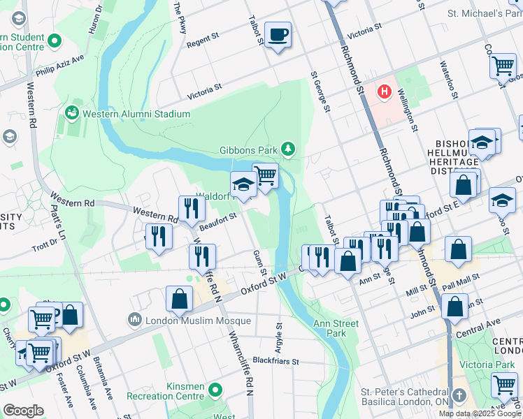 map of restaurants, bars, coffee shops, grocery stores, and more near 1 Beaufort Street in London