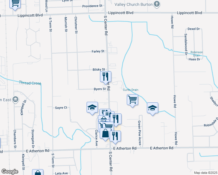map of restaurants, bars, coffee shops, grocery stores, and more near 2280 South Center Road in Burton