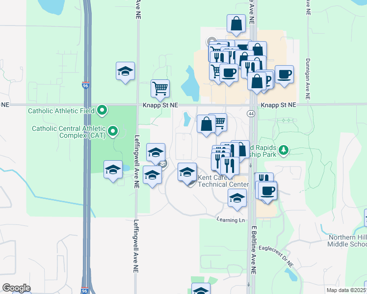 map of restaurants, bars, coffee shops, grocery stores, and more near 3100 Knapp Street Northeast in Grand Rapids
