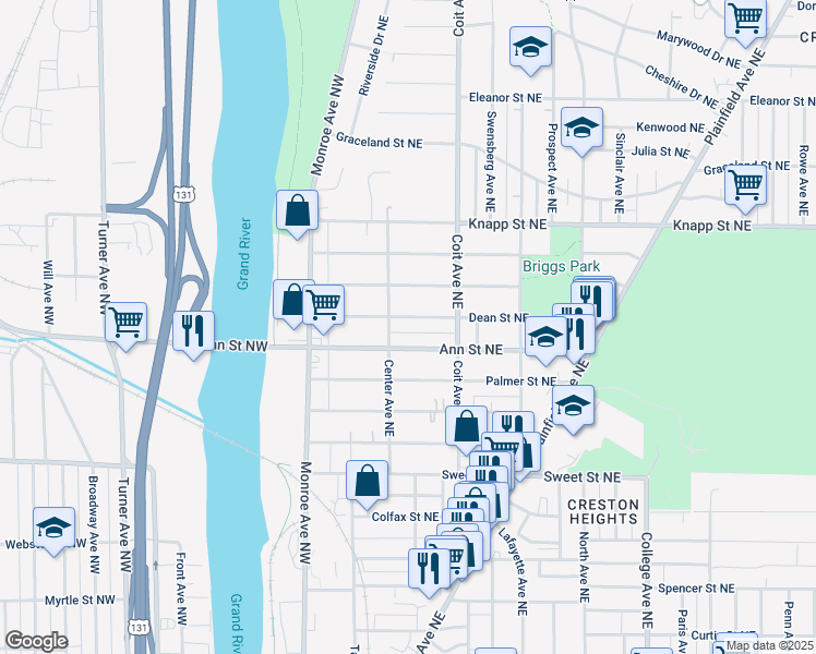 map of restaurants, bars, coffee shops, grocery stores, and more near 116 Dean Street Northeast in Grand Rapids
