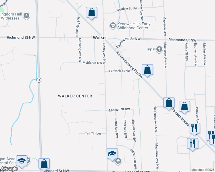 map of restaurants, bars, coffee shops, grocery stores, and more near 1706 Kinney Avenue Northwest in Grand Rapids