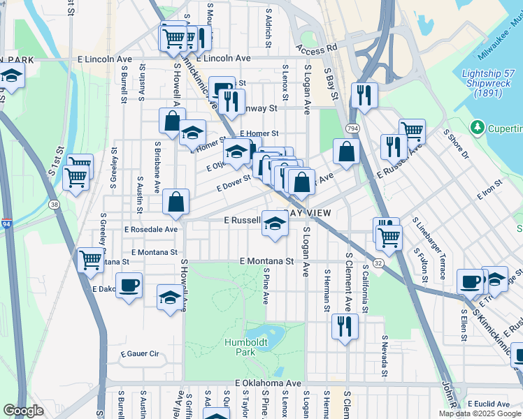map of restaurants, bars, coffee shops, grocery stores, and more near 708 East Russell Avenue in Milwaukee
