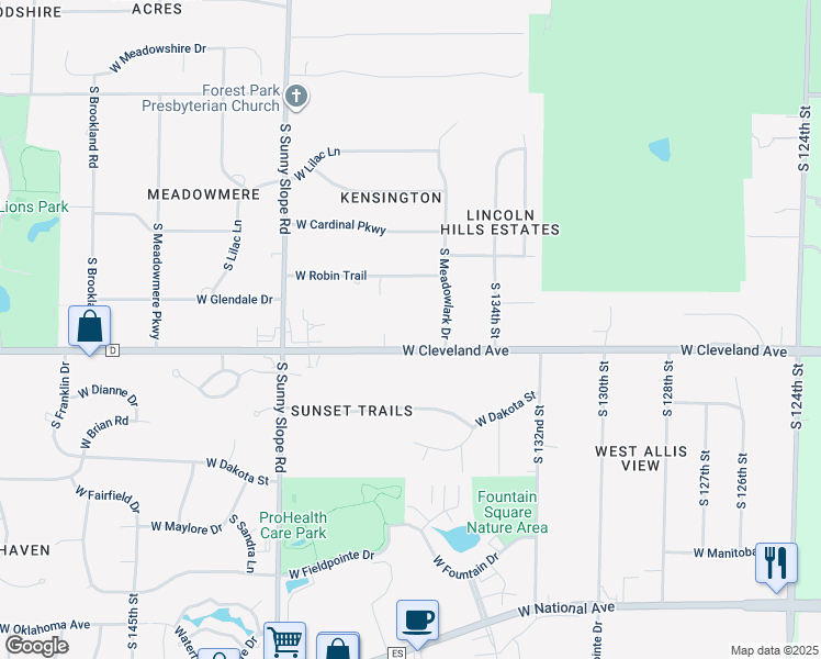 map of restaurants, bars, coffee shops, grocery stores, and more near 13610-40 West Cleveland Avenue in New Berlin