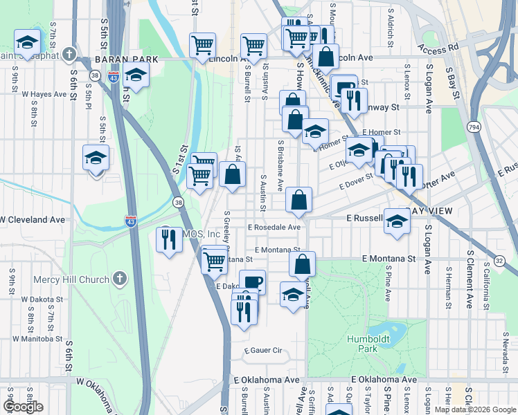 map of restaurants, bars, coffee shops, grocery stores, and more near 2629 South Austin Street in Milwaukee