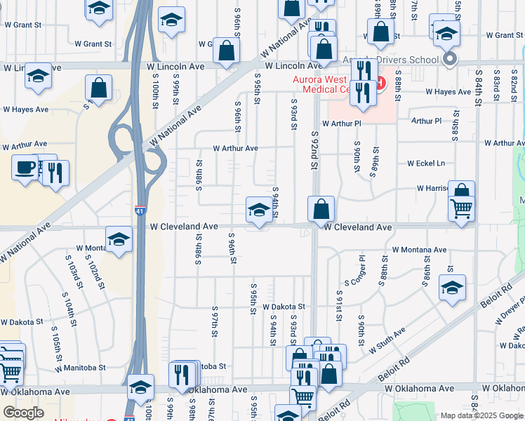 map of restaurants, bars, coffee shops, grocery stores, and more near 9423 West Harding Place in West Allis