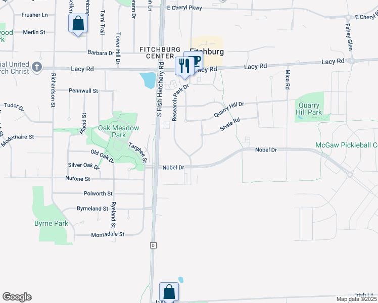 map of restaurants, bars, coffee shops, grocery stores, and more near 2620 Research Park Drive in Fitchburg