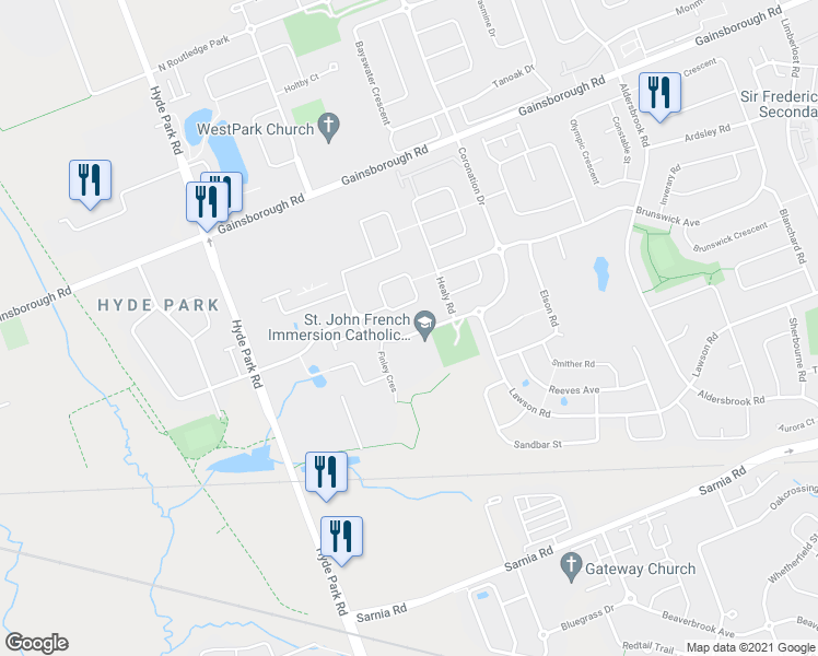 map of restaurants, bars, coffee shops, grocery stores, and more near 1223 Coronation Drive in London