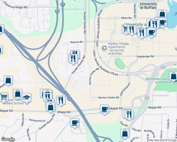 map of restaurants, bars, coffee shops, grocery stores, and more near 1201 Sweet Home Road in Buffalo