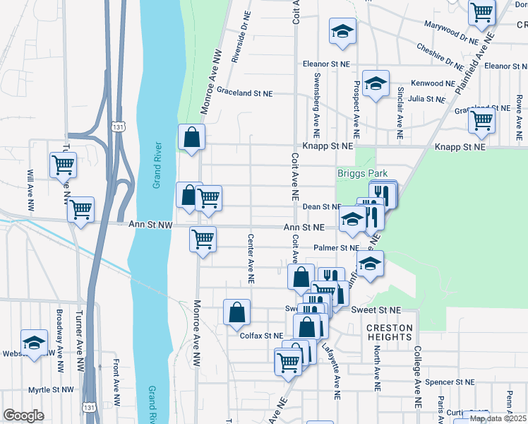 map of restaurants, bars, coffee shops, grocery stores, and more near 116 Dean Street Northeast in Grand Rapids