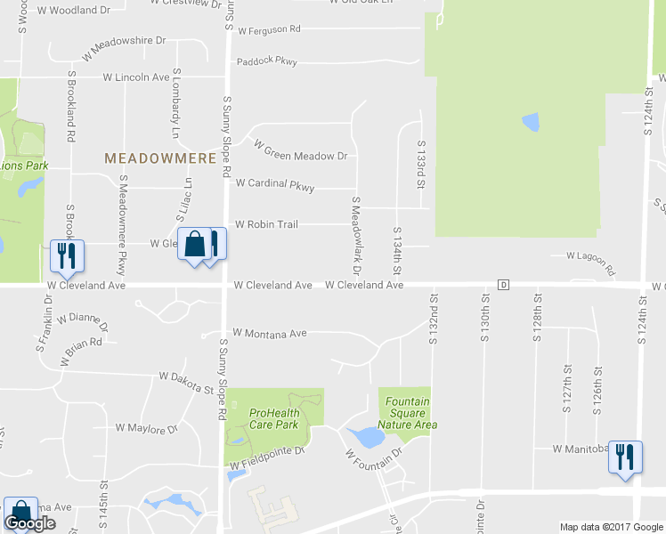 map of restaurants, bars, coffee shops, grocery stores, and more near 13610-40 West Cleveland Avenue in New Berlin