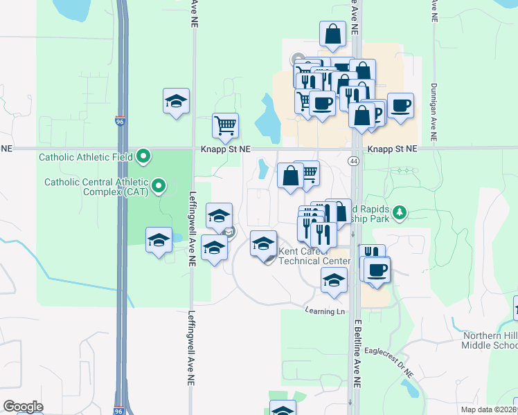 map of restaurants, bars, coffee shops, grocery stores, and more near 3100 Knapp Street Northeast in Grand Rapids