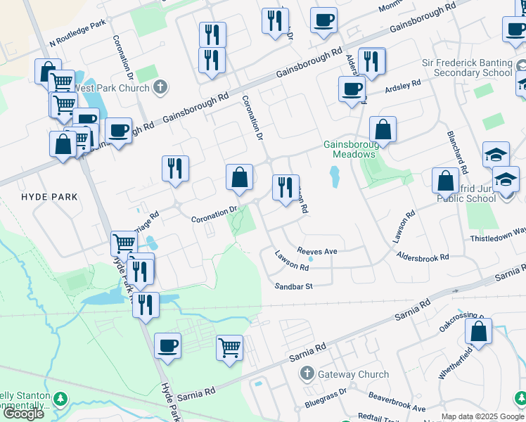 map of restaurants, bars, coffee shops, grocery stores, and more near 2671 Tucker Court in London