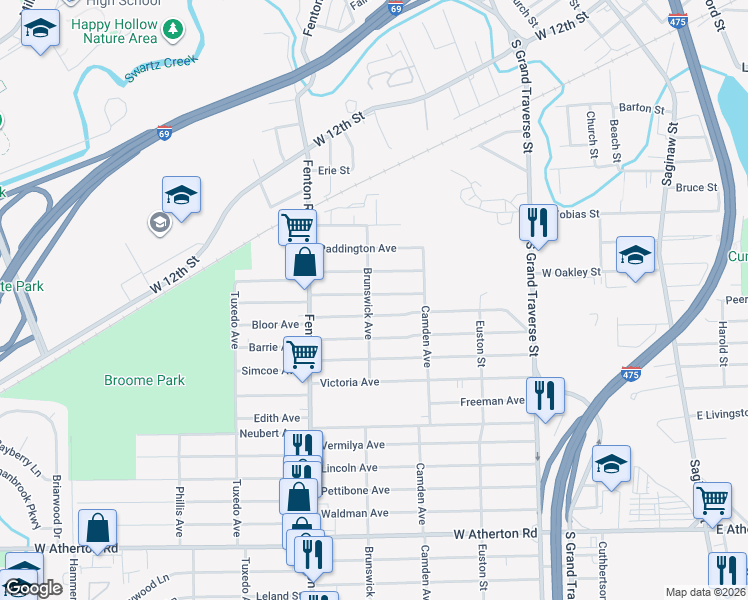 map of restaurants, bars, coffee shops, grocery stores, and more near 859 Ossington Avenue in Flint