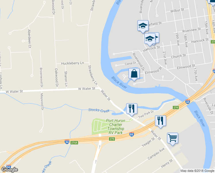 map of restaurants, bars, coffee shops, grocery stores, and more near 2406 Strawberry Lane in Port Huron