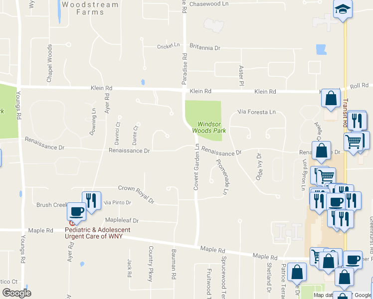 map of restaurants, bars, coffee shops, grocery stores, and more near 370 Renaissance Drive in Buffalo