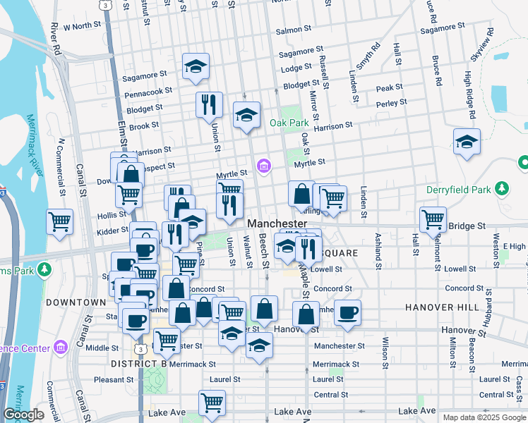map of restaurants, bars, coffee shops, grocery stores, and more near in Manchester