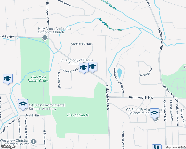 map of restaurants, bars, coffee shops, grocery stores, and more near 2510 Richmond Street Northwest in Grand Rapids