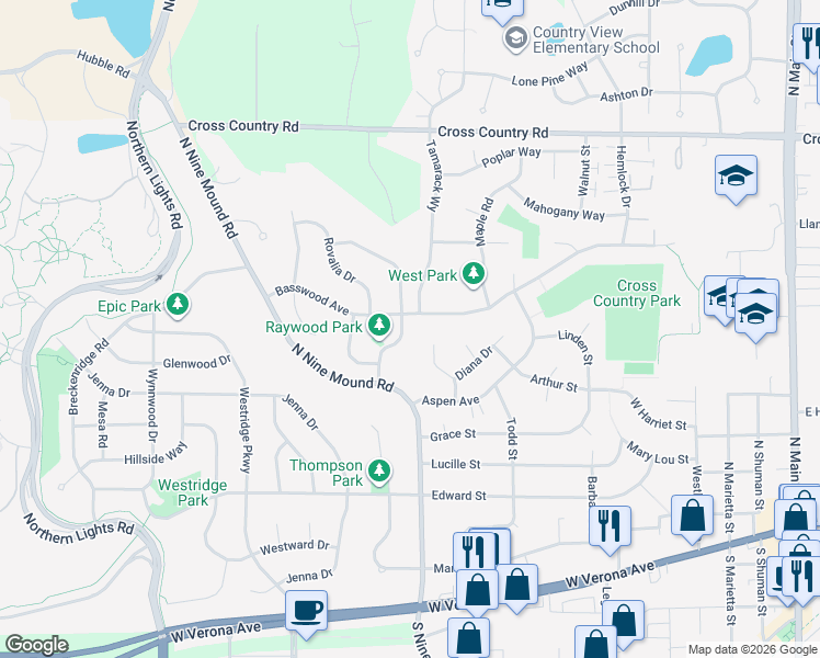 map of restaurants, bars, coffee shops, grocery stores, and more near 515 Acadia Way in Verona