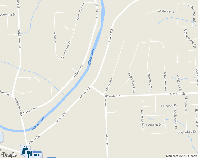 map of restaurants, bars, coffee shops, grocery stores, and more near 4973 Atkins Road in North Street