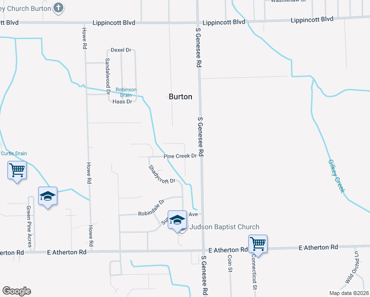 map of restaurants, bars, coffee shops, grocery stores, and more near 2292 Meadowlane Court in Burton