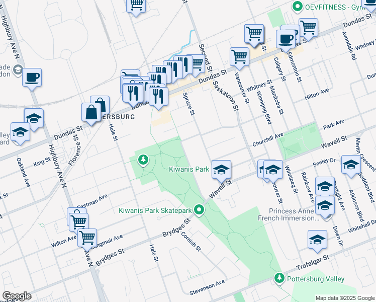 map of restaurants, bars, coffee shops, grocery stores, and more near 338 Kiwanis Park Drive in London