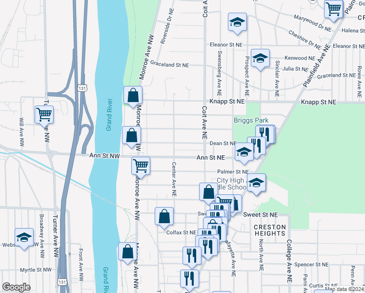 map of restaurants, bars, coffee shops, grocery stores, and more near 116 Dean Street Northeast in Grand Rapids