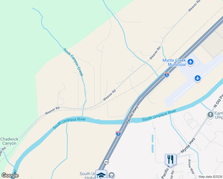 map of restaurants, bars, coffee shops, grocery stores, and more near 1575 Weaver Road in Myrtle Creek
