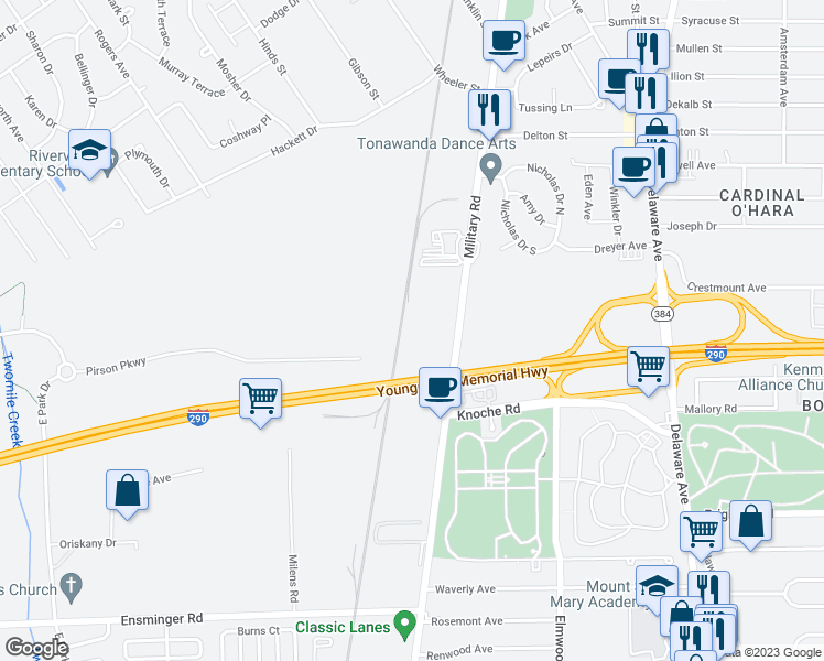map of restaurants, bars, coffee shops, grocery stores, and more near 2200 Military Road in Tonawanda