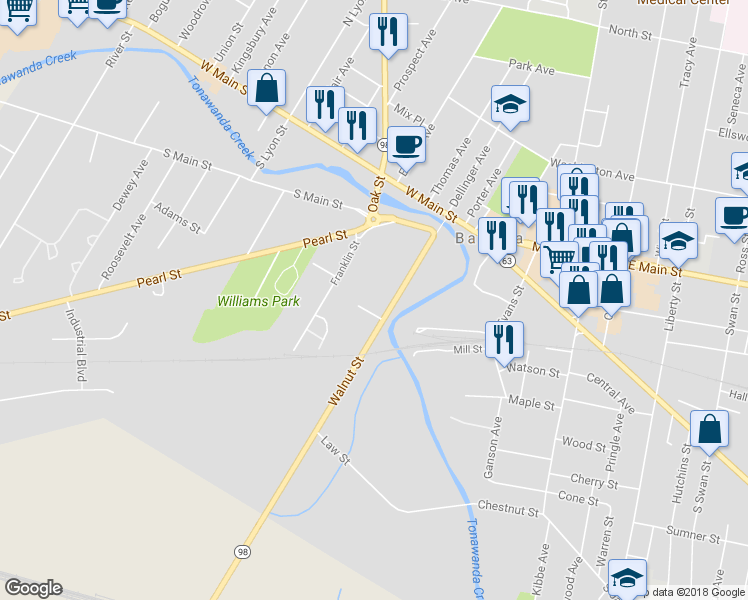 map of restaurants, bars, coffee shops, grocery stores, and more near 44-46 Walnut Street in Batavia