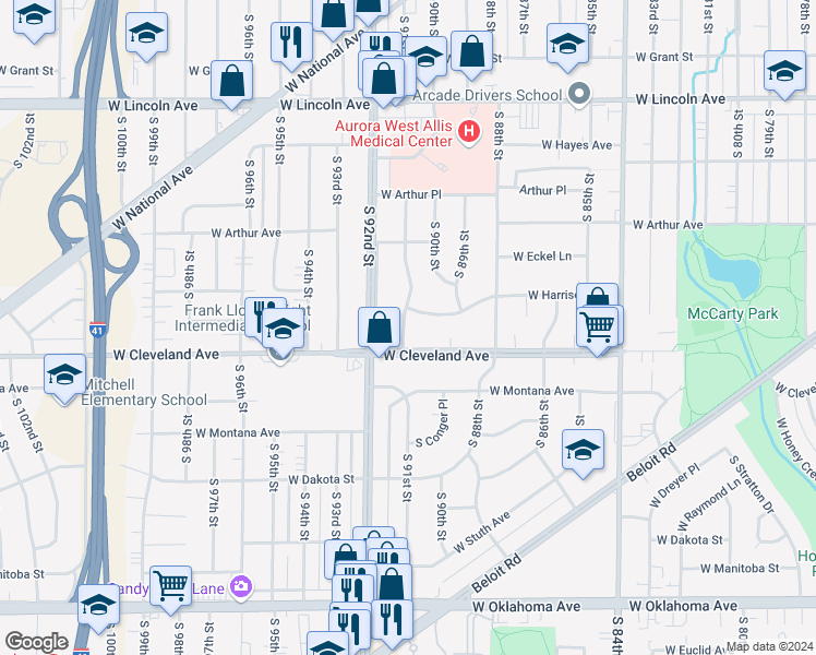 map of restaurants, bars, coffee shops, grocery stores, and more near 2640 South 91st Street in West Allis
