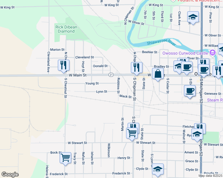 map of restaurants, bars, coffee shops, grocery stores, and more near 1308 Lynn Street in Owosso