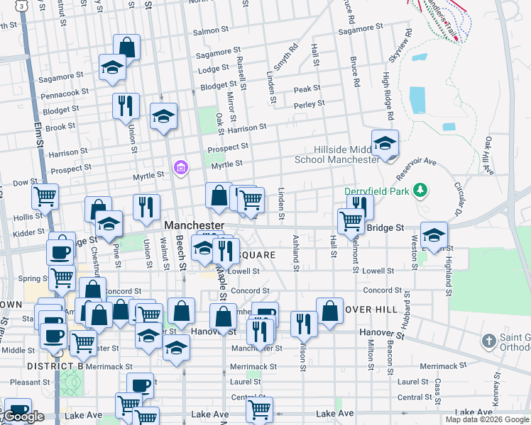 map of restaurants, bars, coffee shops, grocery stores, and more near 64 Arlington Street in Manchester