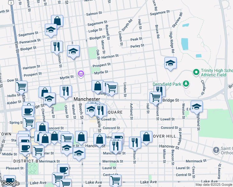 map of restaurants, bars, coffee shops, grocery stores, and more near 53 Arlington Street in Manchester