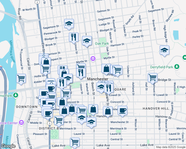 map of restaurants, bars, coffee shops, grocery stores, and more near in Manchester