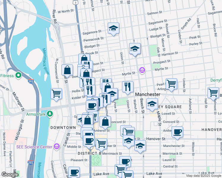 map of restaurants, bars, coffee shops, grocery stores, and more near 114 Pearl Street in Manchester