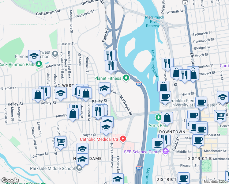 map of restaurants, bars, coffee shops, grocery stores, and more near 258 Dionne Drive in Manchester