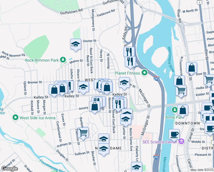 map of restaurants, bars, coffee shops, grocery stores, and more near 577 Hevey Street in Manchester