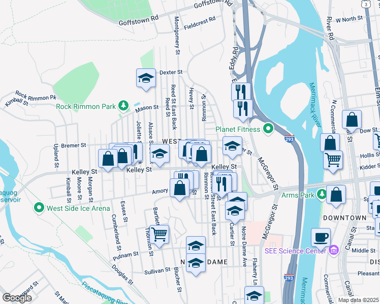 map of restaurants, bars, coffee shops, grocery stores, and more near 577 Hevey Street in Manchester