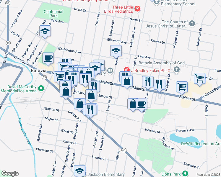 map of restaurants, bars, coffee shops, grocery stores, and more near 6 Swan Street in Batavia